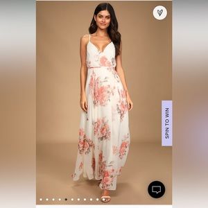Lulu’s Elegantly Inclined Cream Floral Print Wrap Maxi Dress